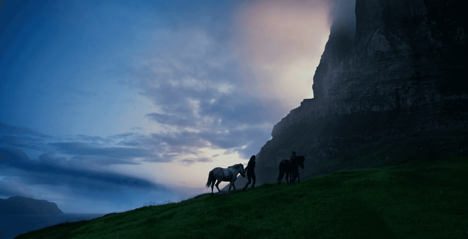 Sunset hiking with horses
